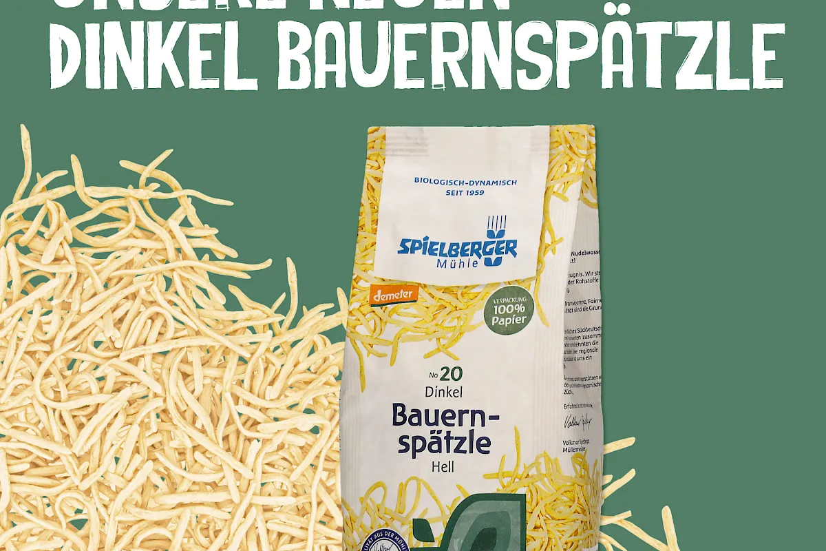 Neuprodukt der Spielberger Mühle: Dinkel Bauernspätzle hell